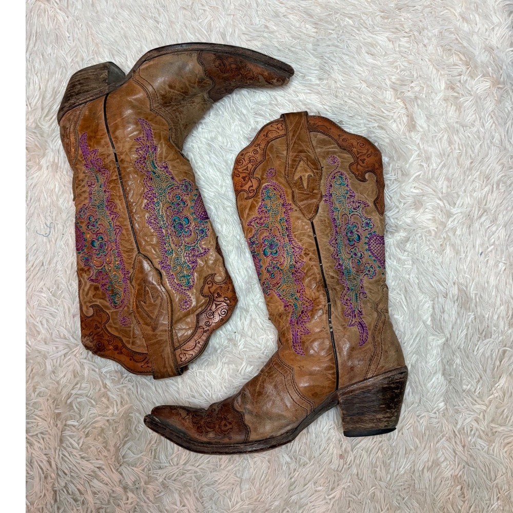 Corral Women's Embroidered Leather Western Cowboy Boots 6.5 Pointed Toe Brown‎